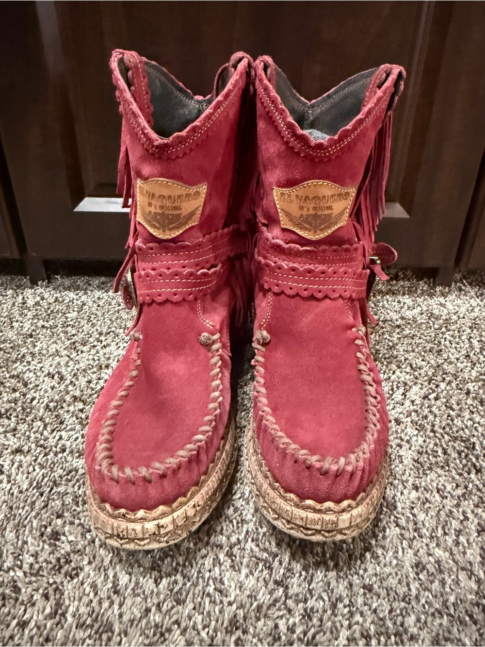 El Vaquero Moccasin Boots Burgundy Suede Fringe Wedge Booties Ayra Silverstone - Picture 3 of 7